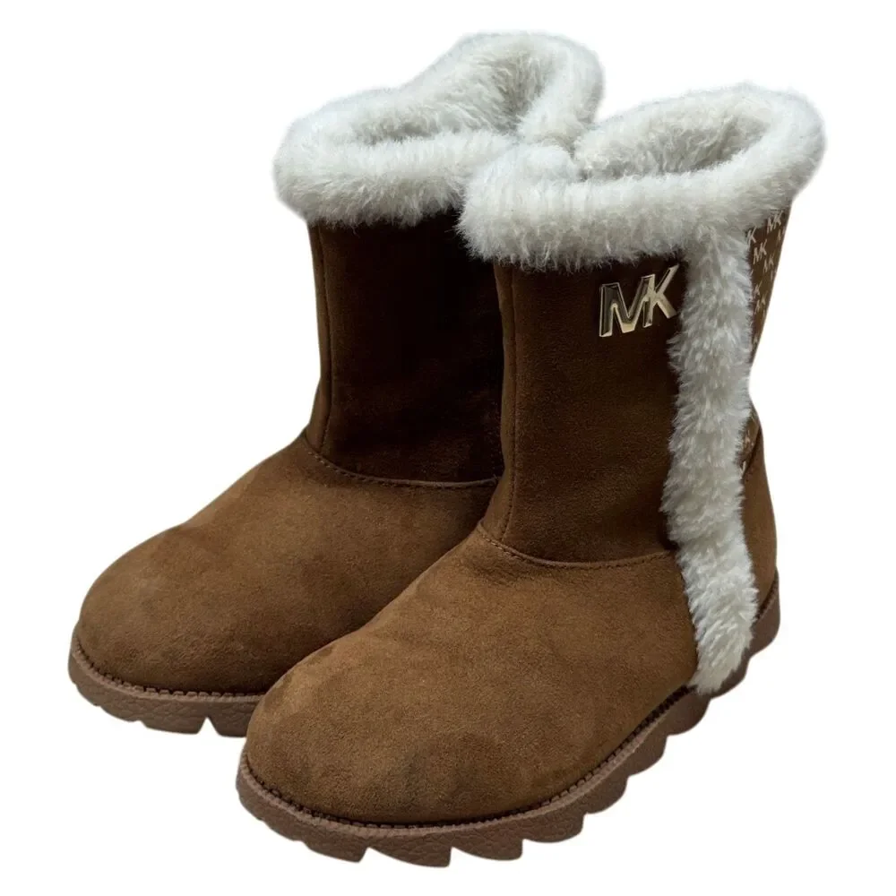 Michael Kors MK Girls Faux Fur Boots Brown Logo Winter Boot Size 1